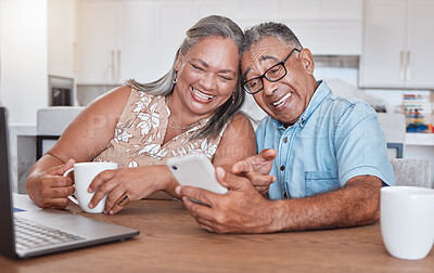 Buy stock photo Communication, video call and phone with old couple in kitchen for networking, relax and social media in the morning. Contact, smile and retirement with man and woman with digital, internet and app