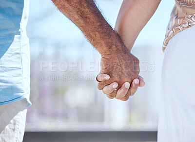 Buy stock photo Family, love and elderly couple holding hands on a walk outdoors, relax and content together. Retirement, walking and active seniors bonding and enjoying their retired lifestyle with morning cardio