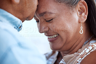 Buy stock photo Elderly, couple kiss and love, happy together with peace and trust in romantic closeup. Mature man and woman in tender, content and intimate moment, smile and support during retirement. 