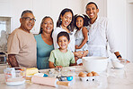 Grandparents, kids and happy family baking in the house with children or siblings learning to bake cakes or cookies. Senior woman, old man and mom with father teaching a boy and a girl cooking skills