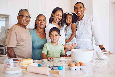 Buy stock photo Grandparents, kids and happy family baking in the house with children or siblings learning to bake cakes or cookies. Senior woman, old man and mom with father teaching a boy and a girl cooking skills