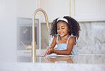 Little girl, washing and hands with smile in the kitchen for healthy clean hygiene at home. Happy black female child rinsing and cleaning hand by the zinc at the house after a day of playing outside