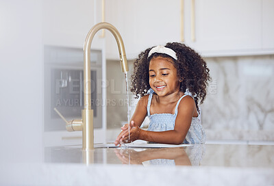 Buy stock photo Little girl, washing and hands with smile in the kitchen for healthy clean hygiene at home. Happy black female child rinsing and cleaning hand by the sink at the house after a day outside