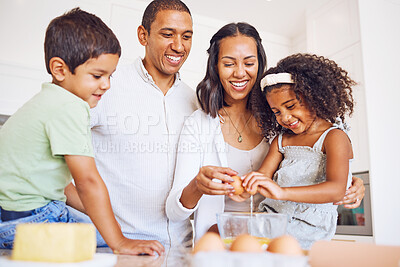 Buy stock photo Mother, father and children learning baking as a happy family together teaching siblings to bake cakes. Mom, dad and kids cracking eggs, cooking and parents helping boy and girl in child development