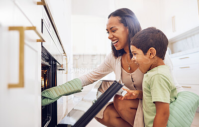 Buy stock photo Mother, child and baking in oven learning to make biscuits, cookies or cake in home kitchen. Care, support or love of happy parent bonding, cooking or teaching boy to bake dessert on stove together


