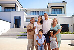 Children, moving and family with smile for their new home and happy on their property. Portrait of young man and woman, parents and kids with happiness after buying their own house with mockup space
