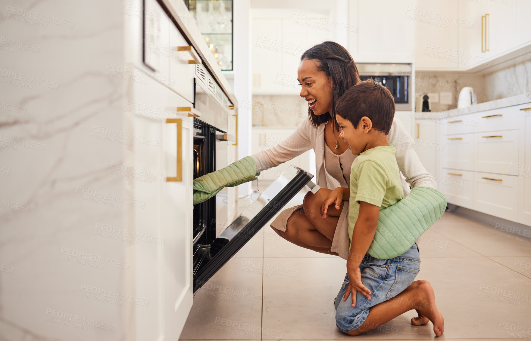 Buy stock photo Mother and child in kitchen cooking oven food, learning together and excited for dessert or dinner results. Happy family, food teaching and love from mom with kid baking for holiday home celebration