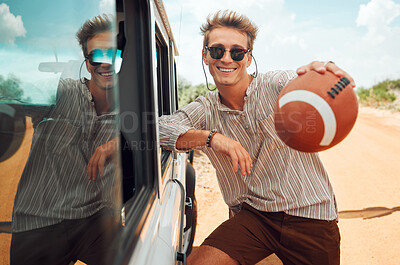Portrait, sunglasses and man on road trip with football in nature on holiday, vacation or summer trip. American football, travel and male by car outdoors, hands holding sports ball and having fun.