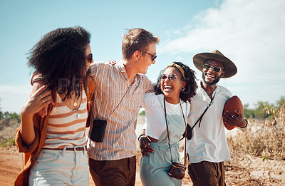 Buy stock photo Diversity, friends and travel for vacation, happy and smile together on countryside road trip for summer break. Group, enjoy walking and summer holiday adventure relax, talk and casual chat outdoor.