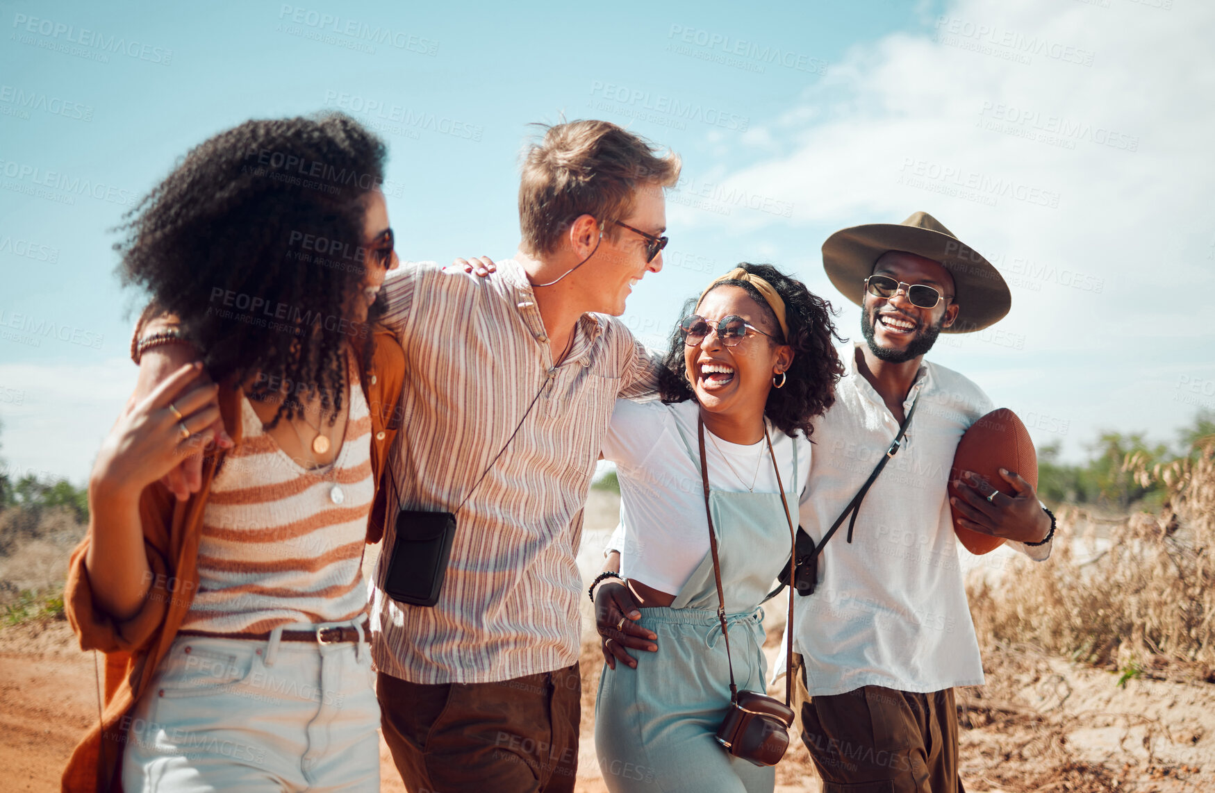 Buy stock photo Diversity, friends and travel for vacation, happy and smile together on countryside road trip for summer break. Group, enjoy walking and summer holiday adventure relax, talk and casual chat outdoor.