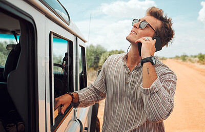 Buy stock photo Phone, road trip and vehicle breakdown with a man on a call for roadside assistance while on holiday or vacation in the desert. Transport, stranded and alone with a young male calling for help