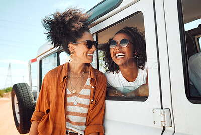 Buy stock photo Adventure, summer and friends on a road trip by the window of the car. Travel, countryside and young people on vacation in nature. Happiness, holiday and black women with smile on their face on break