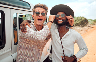 Buy stock photo Friends, smile and playing in travel for road trip vacation with sunglasses of man enjoying the summer holiday together in the desert. Happy interracial goofy men in traveling joy for the countryside