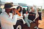 Road trip, travel and friends taking picture with van for outdoor summer adventure, countryside holiday or nature vacation experience. Diversity people with sunglasses in caravan or car by dirt road