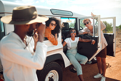 Buy stock photo Road trip, travel and friends taking picture with van for outdoor summer adventure, countryside holiday or nature vacation experience. Diversity people with sunglasses in caravan or car by dirt road