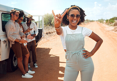 Buy stock photo Happy woman portrait hand sign on road trip with friends, adventure with truck in Sydney and travel to rock music festival. Holiday freedom in sun, group camping together and summer safari vacation