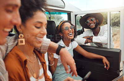 Buy stock photo Road trip, friends and travel with a man and woman group laughing or joking while sitting in a car outdoor in nature. Happy, holiday and transport with a friend group having fun during an adventure