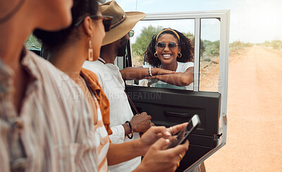 Buy stock photo Diversity, friends and road trip relax, travel and in the countryside for summer vacation outdoor. Diverse group smile, happy and excited for break, holiday or weekend being casual and with phone.