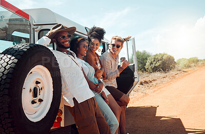 Buy stock photo Friends, road trip and nature with a man and woman group enjoying travel while on summer holiday or vacation. Diversity, together and freedom with young people on a sand road in the dessert for fun