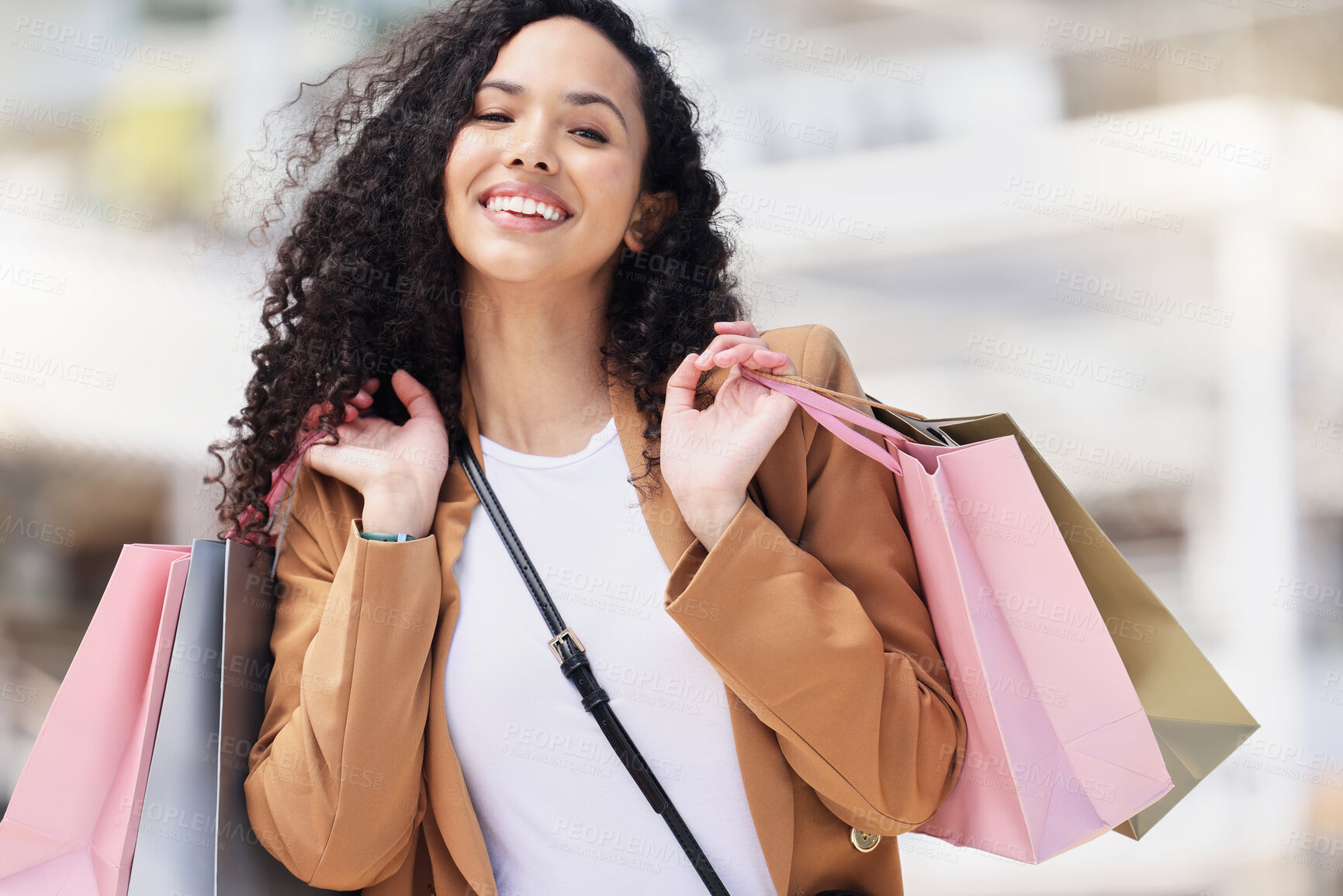Buy stock photo Woman client, customer and shopping with bags smile, happy and confident with purchase clothes and items from store. Female consumer, relax and doing retail therapy sale and enjoy discount boutique.