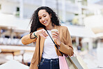 Shopping, sale and woman check time on watch for announcement date, retail discount or fashion on offer with a schedule. Happy girl with shopping bag, gift or present for her holiday planning in city