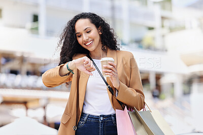 Buy stock photo Shopping, sale and woman check time on watch for announcement date, retail discount or fashion on offer with a schedule. Happy girl with shopping bag, gift or present for her holiday planning in city