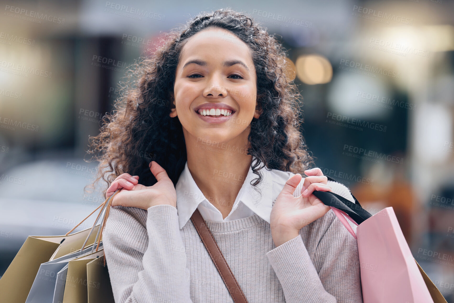 Buy stock photo Shopping, black woman and smile after a shop, fashion retail or luxury store trip with happiness. Portrait of a happy rich young female from Paris or urban city smiling with joy for sale or discount