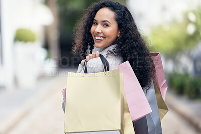 Buy stock photo Shopping bag, woman and city travel for retail discount sales, market and fashion promotion in Paris, France street. Portrait happy, rich and wealthy young girl customer buying luxury clothes outdoor