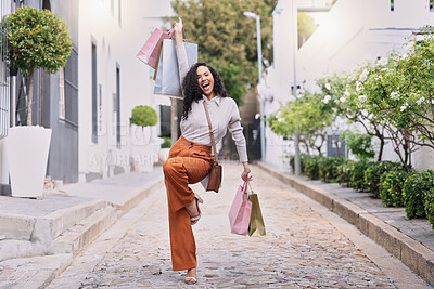 Buy stock photo Happy, excited and woman with shopping on outdoor path with smile. Happiness, fashion and city girl with bag from discount sale. Retail therapy, luxury and customer in celebration on street with bag.
