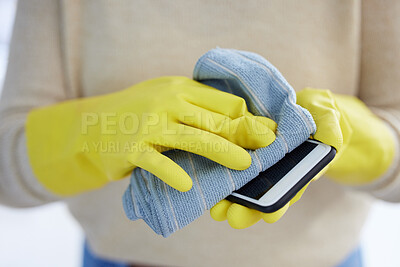 Buy stock photo Hands, gloves and cleaning phone screen of germs, bacteria with alcohol wipe or dust cloth. Covid, disinfection and safety, clean smartphone in home or office for protection from virus infection.