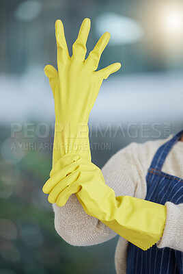 Buy stock photo Woman, hands or cleaning gloves for home cleaner, housekeeping service maid or worker. Zoom on healthcare safety, security or rubber protection for medical spring clean, virus or bacteria maintenance