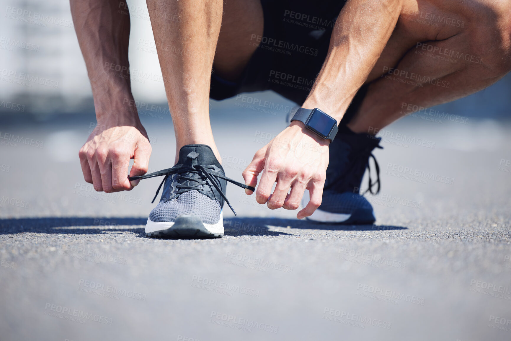 Buy stock photo Hands, lace tie or running shoes in city workout, training or marathon exercise for health, wellness or cardio. Zoom, man or sports runner ready for fitness on road or street with digital smart watch