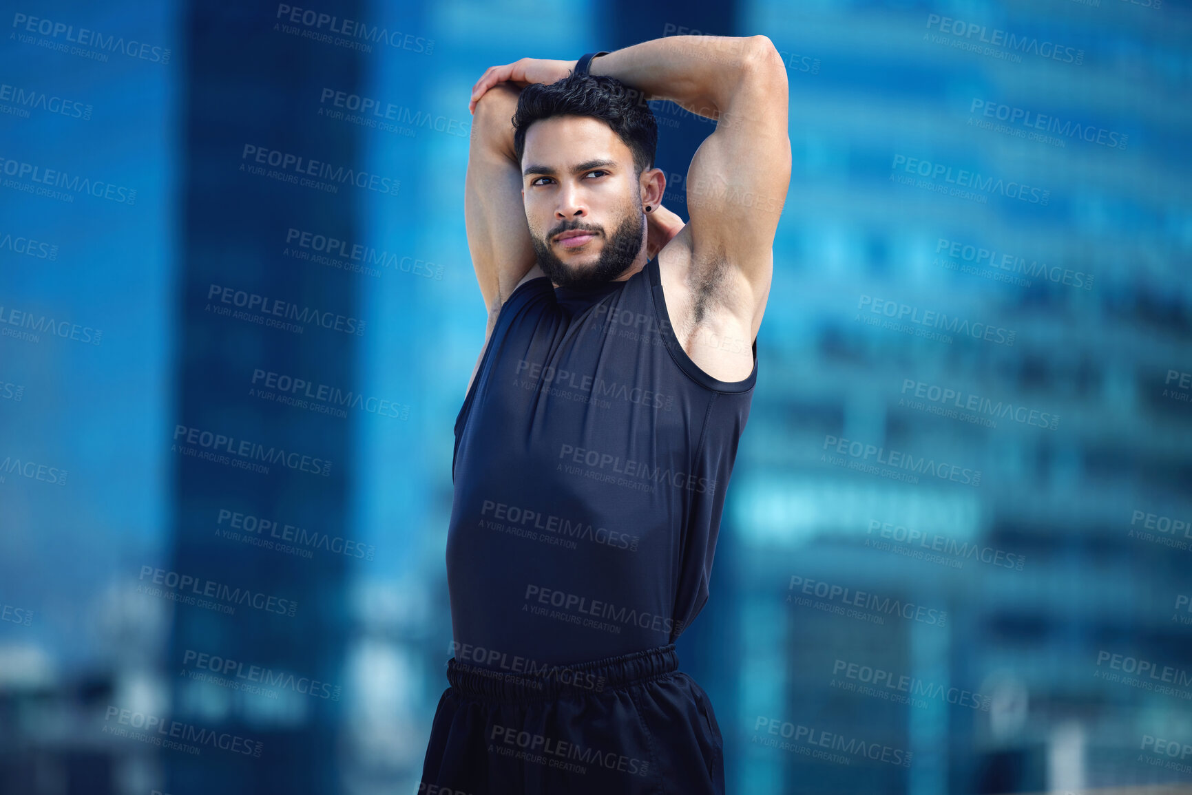 Buy stock photo Man stretching for fitness training in city, running for cardio exercise and workout for strong body motivation. Commitment, healthy and sports runner or athlete ready for sport competition in Dubai