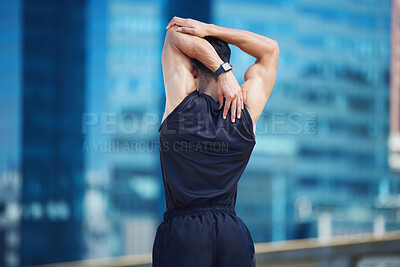 Buy stock photo Stretching, fitness and athlete training in city for cardio health, body goal and sports motivation in Singapore. Back of a runner doing warm up for performance while running for exercise and workout