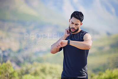 Buy stock photo Man on run check pulse, heart rate and body stats for health with smartwatch on nature run. Runner does outdoor exercise for fitness, sports workout and cardio training to increase race running time 