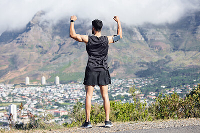 Buy stock photo A man celebrate fitness run, training and cardio endurance workout on outdoor nature path for marathon. Sports runner, cheering after finishing running exercise and healthy wellness lifestyle success