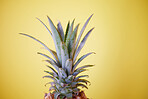 Pineapple, fruit and summer, health and nutrition, tropical and fresh with yellow background. Exotic and refreshing mockup, vibrant closeup of advertising and marketing for healthy lifestyle.