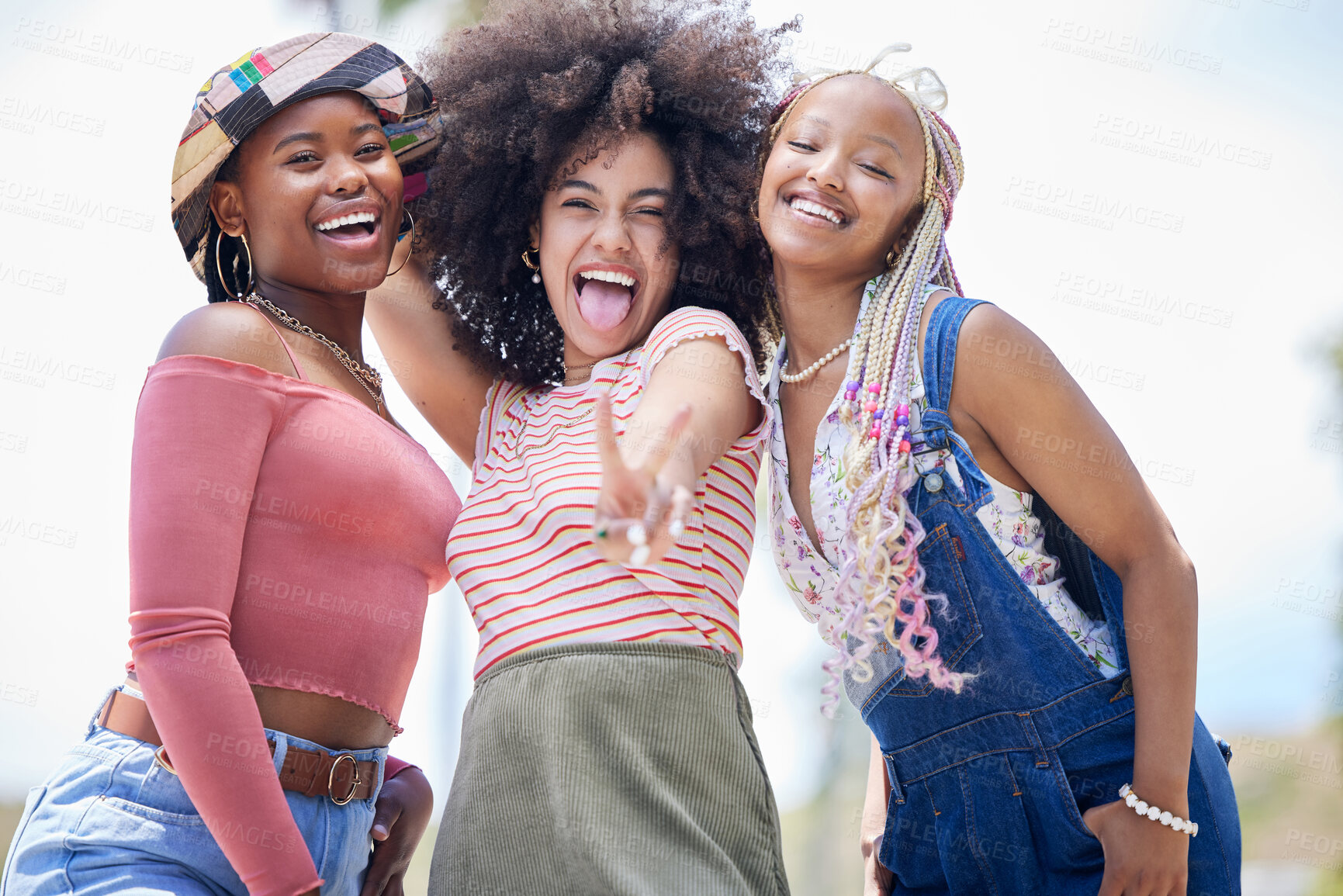 Buy stock photo Peace, happy and portrait of gen z friends having fun on summer holidays or vacation as young girls outdoors. Smile, happiness and crazy women enjoying sunshine, laughing and break in South Africa