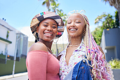 Buy stock photo Girl friends, love and african women happiness on uni vacation or travel trip in city. Young fun black girls, lesbian couple or sisters fun together outdoor summer holiday family portrait