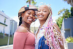 Friends, fashion and vacation with a black woman and sister outdoor in the city for fun, holiday or travel. Happy, smile and together with a young African American female and her friend outside