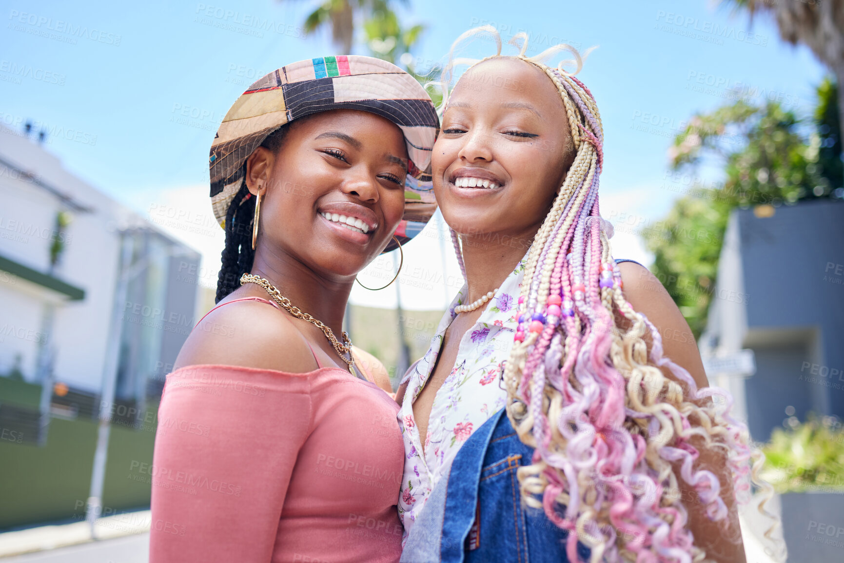 Buy stock photo Friends, fashion and vacation with a black woman and sister outdoor in the city for fun, holiday or travel. Happy, smile and together with a young African American female and her friend outside