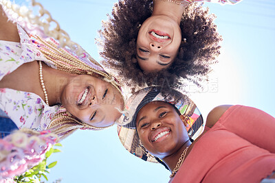 Buy stock photo Black woman, blue sky and portrait of friends happy, smile and relax on San Francisco vacation for fun friendship reunion. Sunshine, travel and group of people or women on summer holiday below view