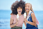 Ice cream, summer and women friends eating on Miami beach for holiday travel, vacation and outdoor youth lifestyle with sunshine. Happy, diversity and fashion teenager with icecream dessert in summer