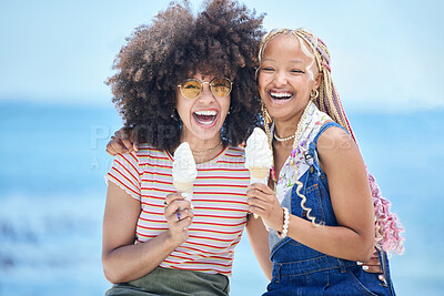 Buy stock photo Ice cream, summer beach and women friends eating in Miami for holiday travel, vacation and outdoor youth lifestyle with sunshine. Happy, diversity and fashion teenager with icecream dessert in summer