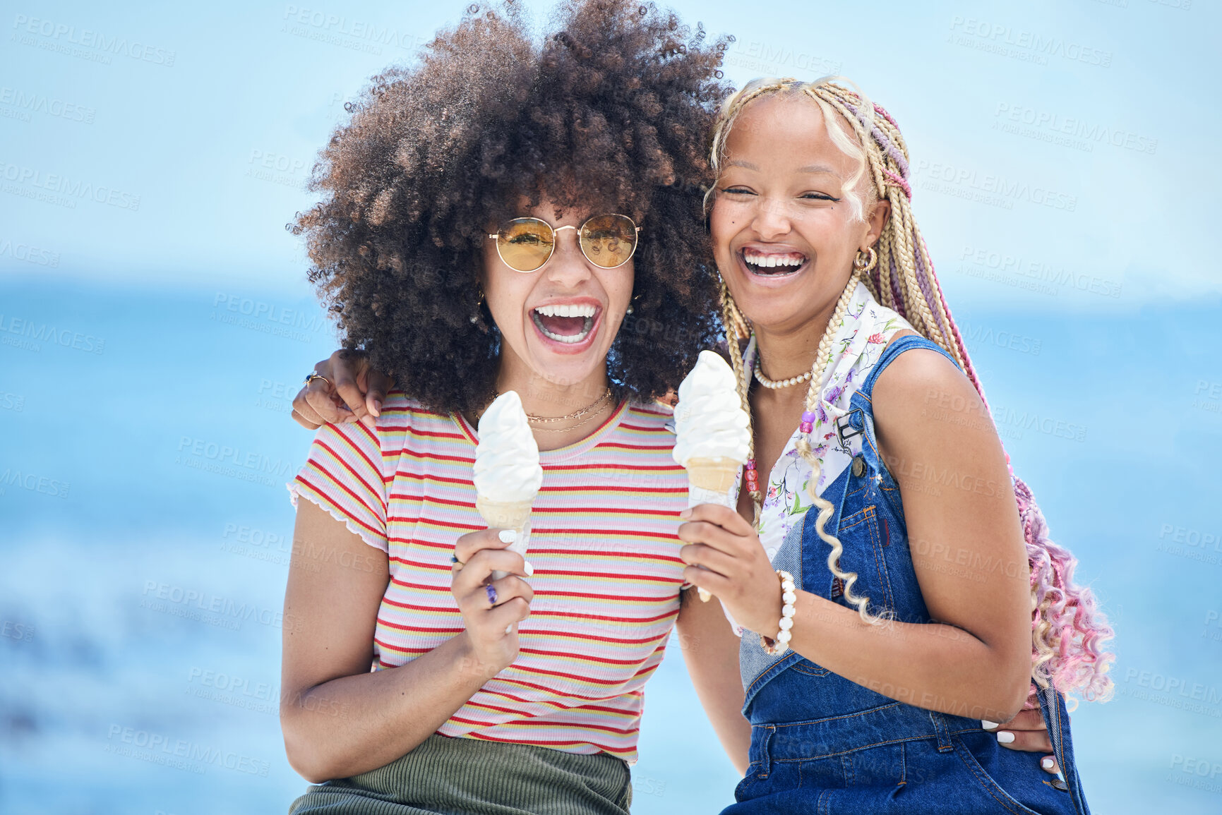Buy stock photo Ice cream, summer beach and women friends eating in Miami for holiday travel, vacation and outdoor youth lifestyle with sunshine. Happy, diversity and fashion teenager with icecream dessert in summer