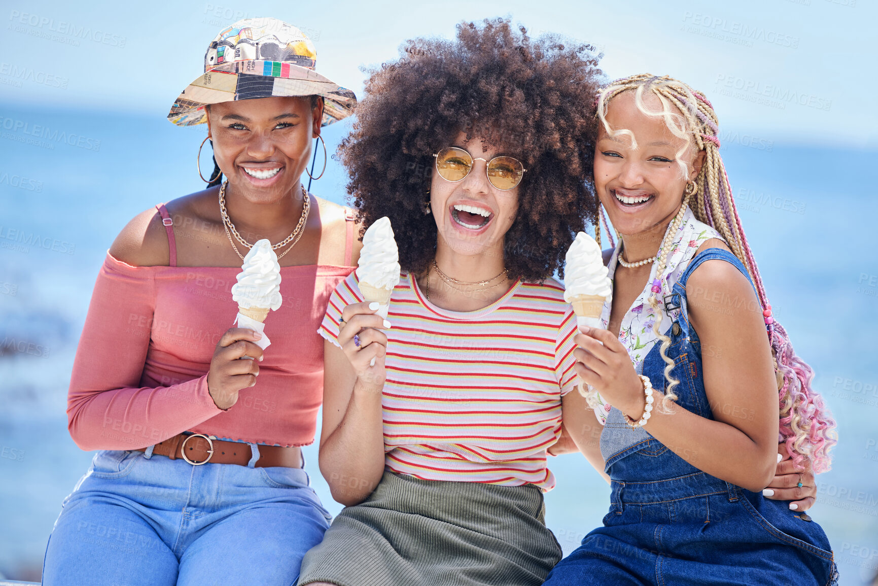Buy stock photo Friends, ice cream and smile at ocean to relax, vacation or holiday in summer. Black woman, happy and dessert on cone at ocean in sunshine together for nature, happiness and sun in Rio de Janeiro