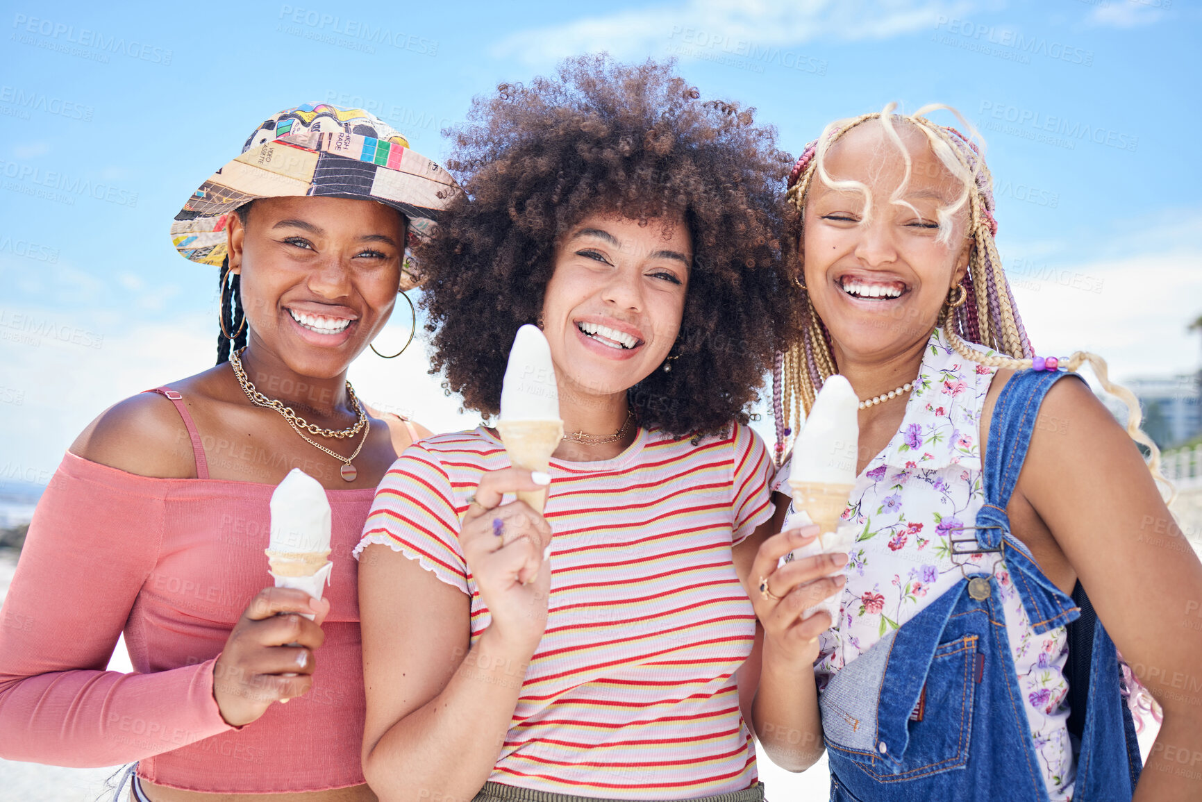 Buy stock photo Ice cream, women friends and summer portrait with dessert on funny vacation, sunshine and relaxing lifestyle in Brazil. Happy young black girls eating gelato icecream outdoor together for cool snack