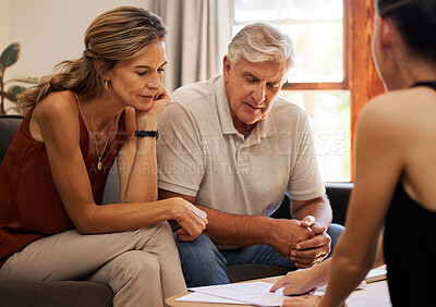 Buy stock photo Finance, savings and investment with a senior couple in a meeting with an advisor for retirement in their home. Money, growth and accounting with a male and female pensioner talking with a banker