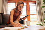 Email, writing and senior woman planning retirement, taxes and budget on living room sofa of her house. Elderly person working on a strategy for insurance in a notebook with a mobile app on a phone