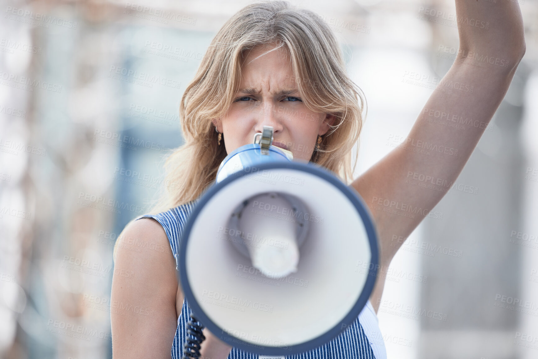 Buy stock photo Protest, angry and woman talking with megaphone at a riot in the city of Iran. Face portrait of young girl making noise with an announcement on microphone while speaking about women's rights